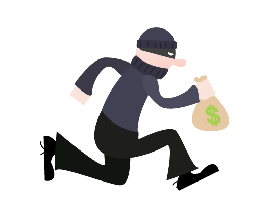 Cartoon thief in black beanie and mask running with a money bag featuring a green dollar sign.