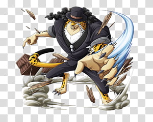 A leopard-themed anime character in a black suit and top hat, wielding a blue energy blade mid-action with debris flying.