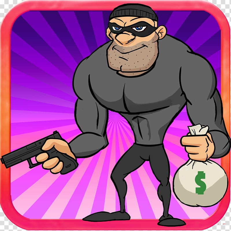 Muscular cartoon burglar in black mask holding pistol and money bag against purple radial background.