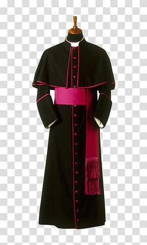 Black cassock with magenta trim and sash, worn by Catholic clergy, displayed on mannequin.