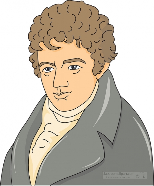 Illustration of a young man with curly brown hair, wearing a gray coat and white cravat in early 19th-century style.