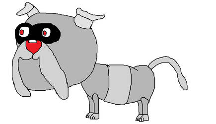 A cartoon gray dog with black mask, red nose, and floppy ears standing alert.
