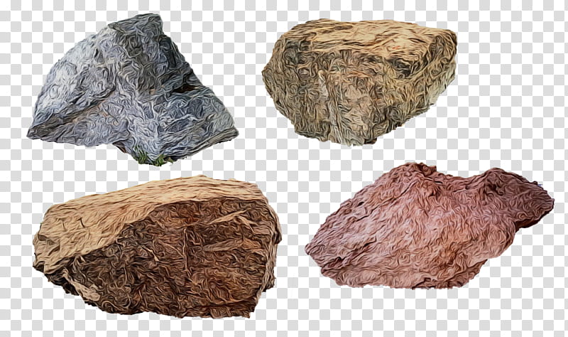 Four distinct mineral rock specimens with varied textures and earthy tones-gray, beige, brown, and reddish-displayed on transparent background.