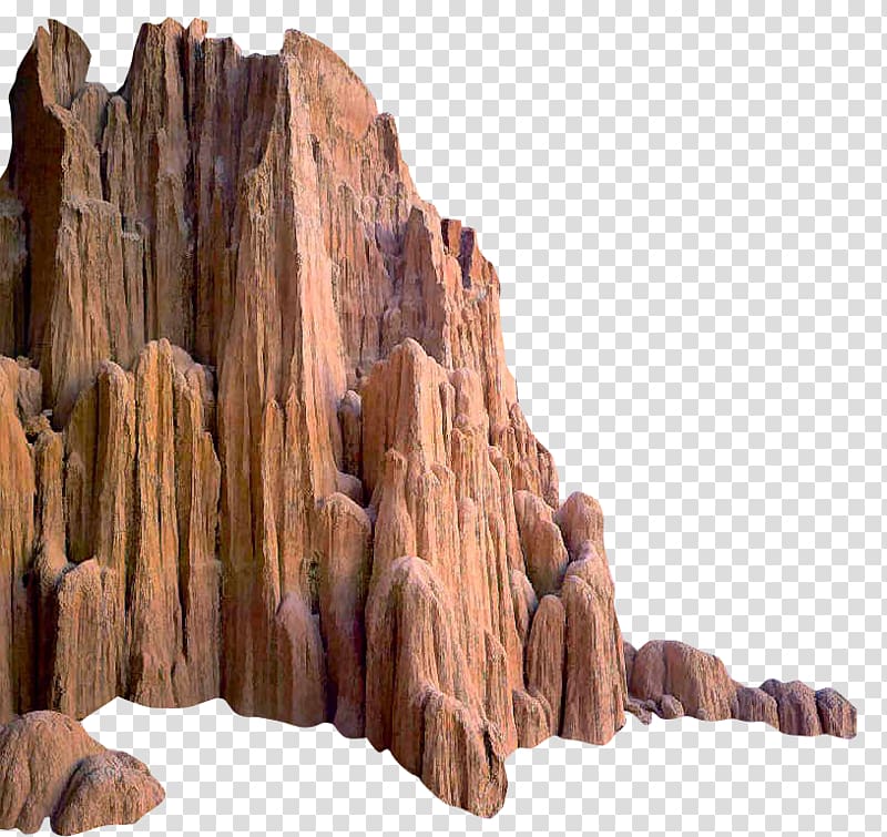 Towering reddish-brown sandstone rock formation with vertical erosion patterns and jagged peaks against transparent background.