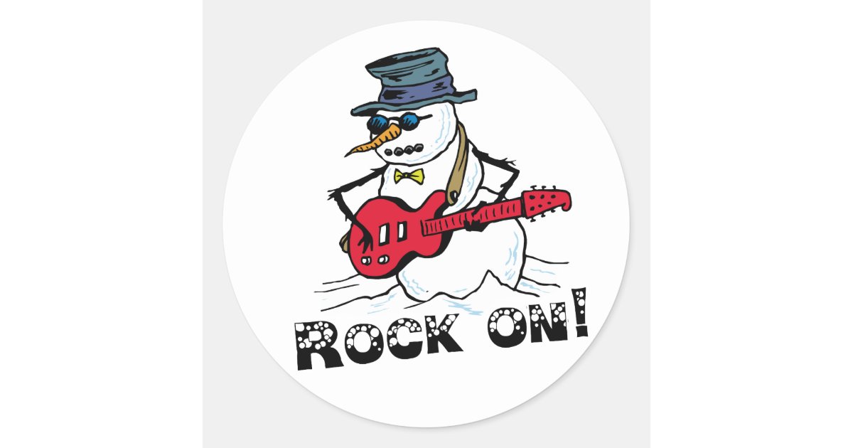 A cool snowman wearing a top hat and sunglasses plays a red electric guitar with "ROCK ON!" text below.