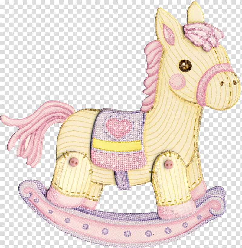 Pastel-colored wooden rocking horse toy with pink mane, heart-decorated saddle, and decorative rocker base.