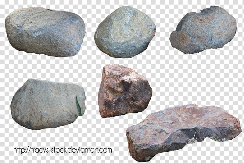 Six natural rocks of varying shapes, sizes, and colors-gray, blue-gray, and rust-red-displayed on transparent background.