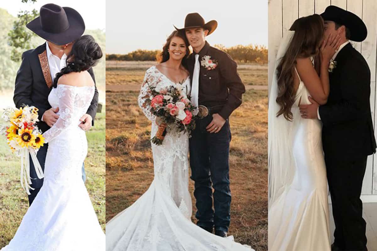 Three rustic cowboy-themed wedding photos featuring couples in western attire, lace gowns, and sunflower bouquets in outdoor settings.