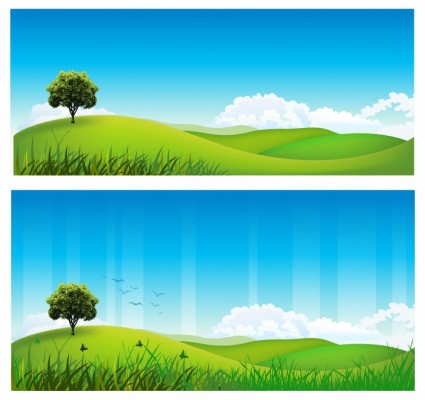 Serene green hills with a lone tree under a bright blue sky and fluffy white clouds; two banner-style landscape illustrations.