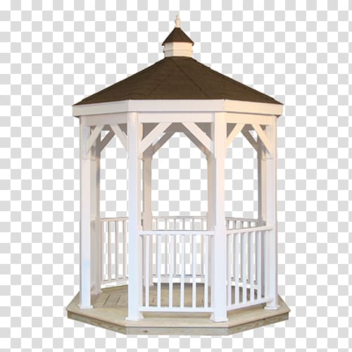 White octagonal gazebo with brown roof, white railings, and decorative finial on transparent background.