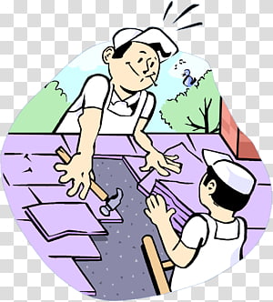A cartoon of two workers installing roof shingles, one handing a shingle to the other on a sloped roof.