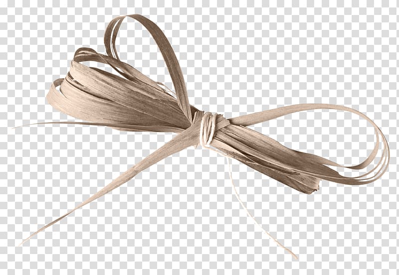 Natural raffia ribbon tied in a rustic bow, beige fibers with loose ends on transparent background.