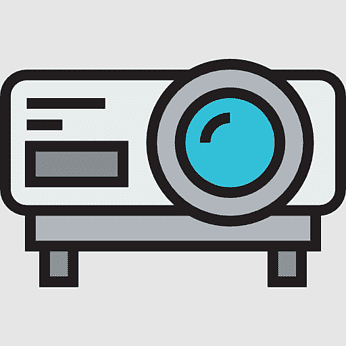 Flat vector illustration of a modern digital projector with blue lens and control panel.
