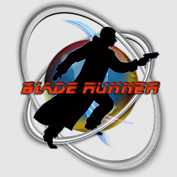 Silhouette of a trench-coated figure holding a pistol, overlaid on a futuristic circular design with "BLADE RUNNER" text.