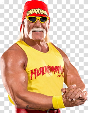 Hulk Hogan in iconic yellow tank top, red bandana, and sunglasses, flexing with confident pose.