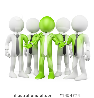 Green 3D figure leading a team of white figures in business attire, symbolizing leadership and collaboration.