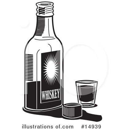 Black-and-white illustration of a whiskey bottle with label, open cap, and filled shot glass beside it.