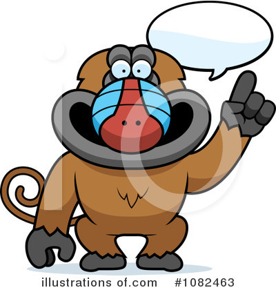 Cartoon mandrill with blue-and-red face, wide eyes, pointing upward with speech bubble.