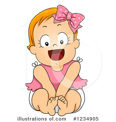 Cheerful cartoon baby girl with pink bow, sitting and smiling widely in a pink dress and diaper.