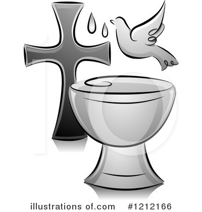Black cross, dove, and baptismal font with water droplets in grayscale illustration.