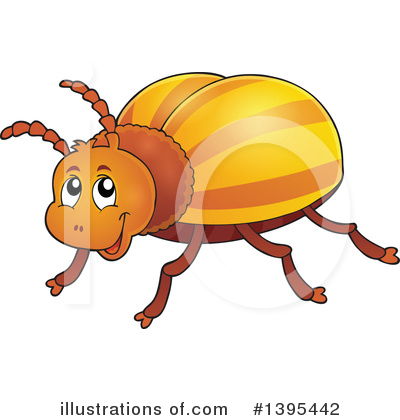 Cheerful cartoon ladybug with yellow-orange striped shell, big eyes, and smiling face walking on six legs.