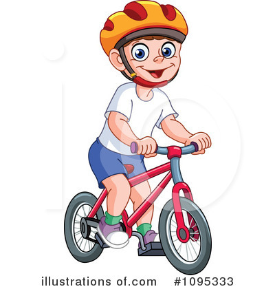 Happy cartoon boy wearing a yellow helmet riding a red bicycle.