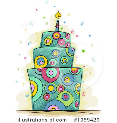 Colorful three-tiered birthday cake with patterned circles and a single lit candle, surrounded by festive confetti.