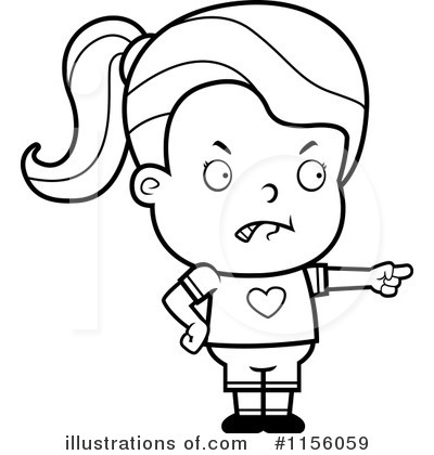 Angry cartoon girl with ponytail pointing accusingly, wearing heart-shirt and shorts.
