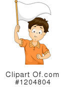 Boy holding a white flag, signaling surrender or peace, wearing orange polo shirt.