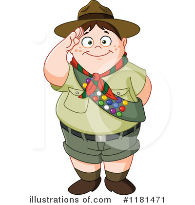 Cheerful cartoon boy scout in uniform saluting, wearing hat, neckerchief, and sash with colorful merit badges.