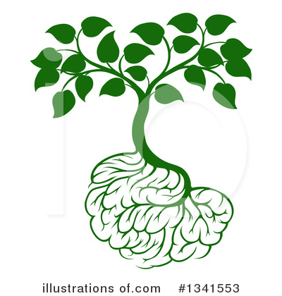 Green tree with brain-shaped roots symbolizing growth of knowledge and cognitive development.
