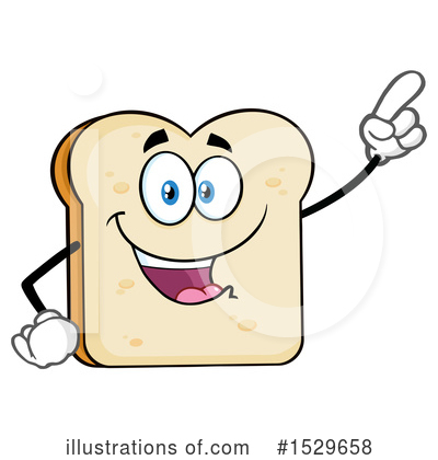 Cheerful cartoon slice of bread with arms, pointing upward and smiling broadly.