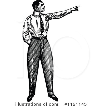 Vintage black-and-white line drawing of a man in 1920s attire pointing decisively to the right, hand on hip.