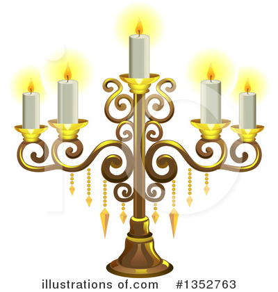 Ornate golden candelabra with five lit white candles and dangling crystal ornaments.