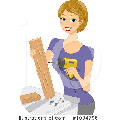 A smiling woman in a purple shirt uses a yellow power drill on a wooden plank at a workbench.