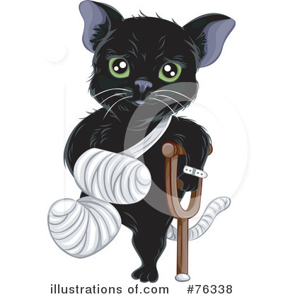 Black cartoon kitten with green eyes, bandaged front paw, and wooden crutch, looking sad but resilient.