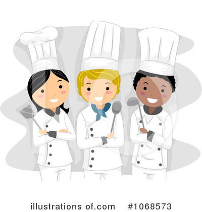 Three diverse chefs in white uniforms and tall hats holding kitchen tools, smiling confidently.
