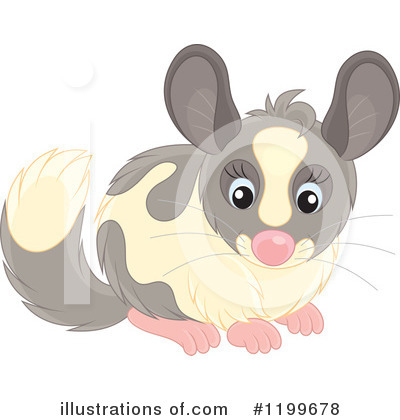 Cute cartoon sugar glider with gray and cream fur, large eyes, pink nose and paws, sitting alertly.