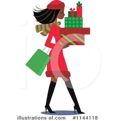 Holiday Shopping Illustration - Festive Woman with Gifts and Bags