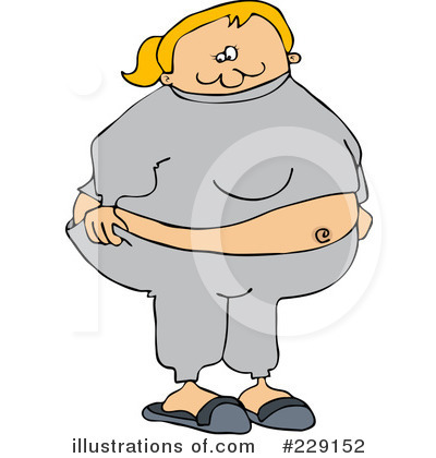 Overweight woman in gray loungewear lifting shirt to reveal belly, cartoon style illustration.