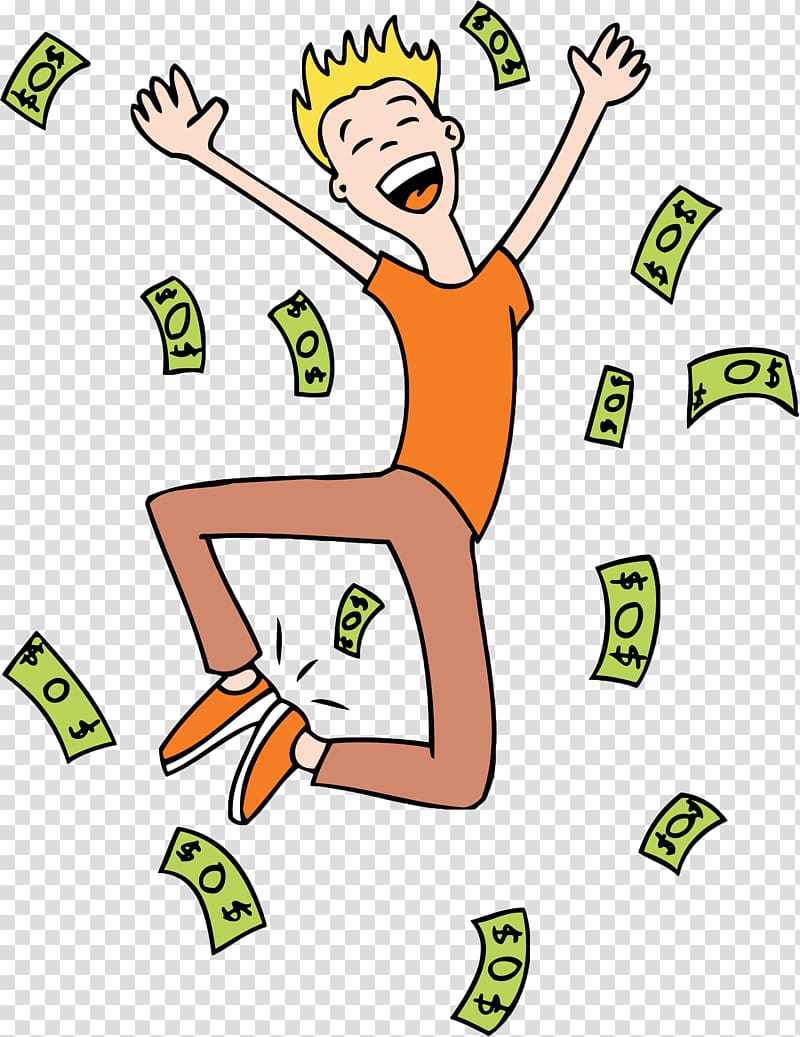 Joyful cartoon man leaping with arms raised as green dollar bills rain around him, symbolizing financial success and celebration.