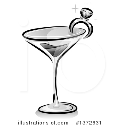 Martini glass with a diamond ring perched on the rim, stylized in black and white with sparkles.