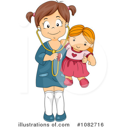 Young girl with pigtails playing doctor, using a stethoscope on a doll with orange hair and pink dress.