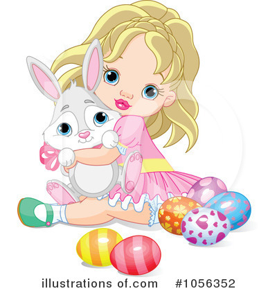 A blonde girl in a pink dress hugs a white bunny while colorful Easter eggs surround them.