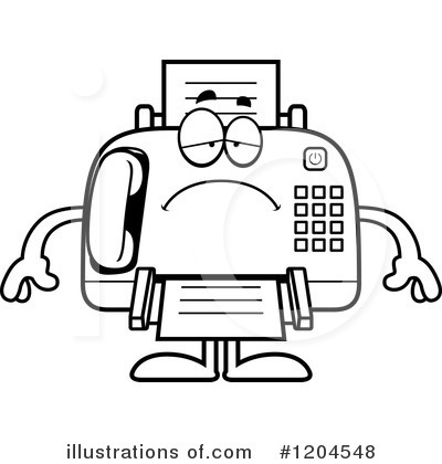 Sad cartoon fax machine with arms, legs, and a frowning face holding a paper.