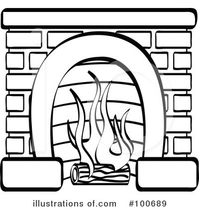 Black-and-white line drawing of a brick fireplace with arched opening and burning logs inside.