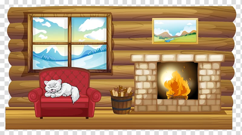 Cozy log cabin interior with red armchair, sleeping white cat, stone fireplace, and mountain view through window.