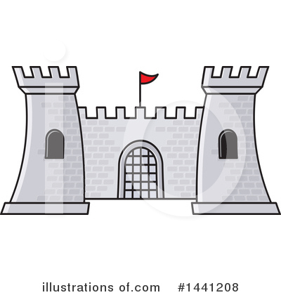 Gray stone medieval castle with two towers, arched gate, and red flag on top.