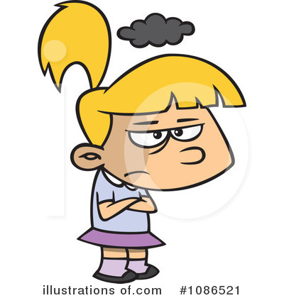 Angry cartoon girl with blonde ponytail, arms crossed, and storm cloud above head.
