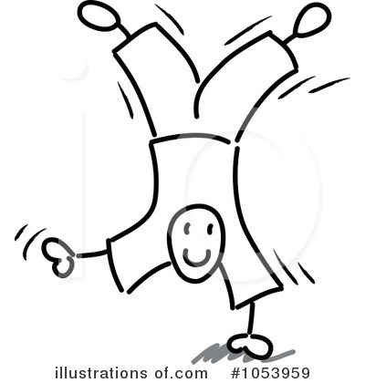 Stick figure doing a joyful handstand with smiling face and motion lines.